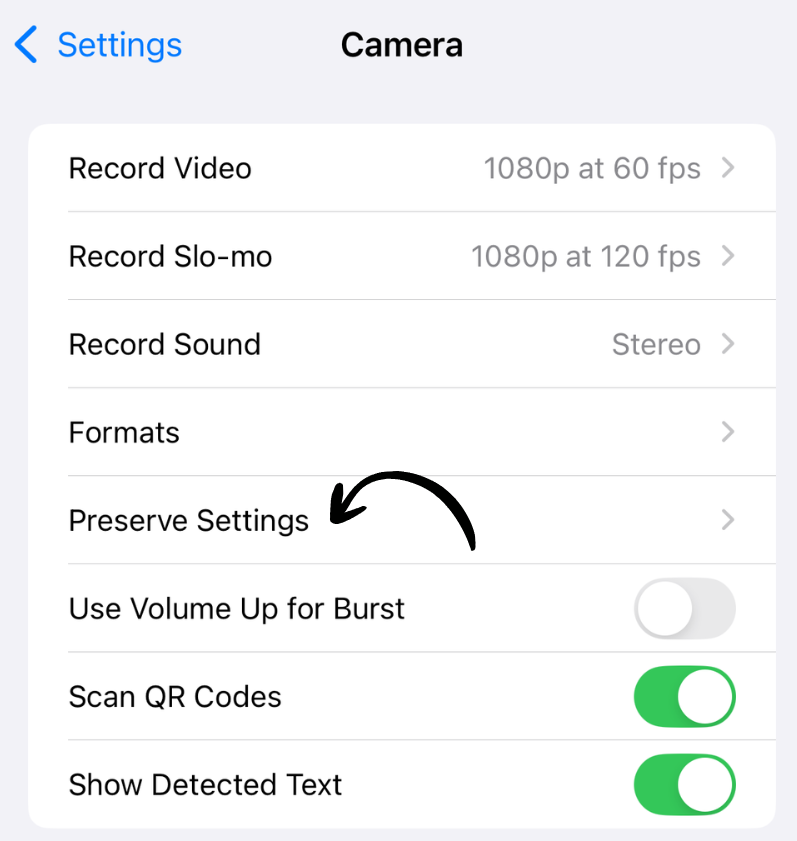 Preserve Camera Settings screen