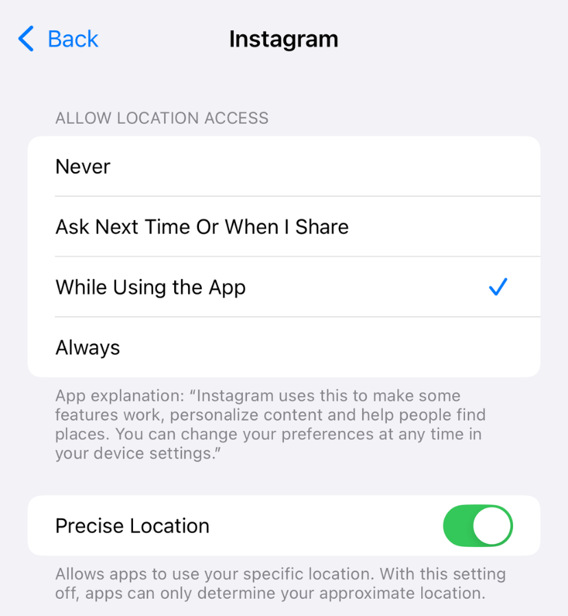 App location permissions list