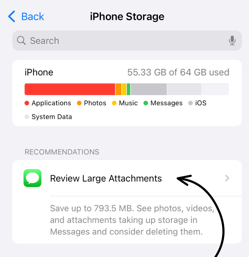 Review Large Attachments screen